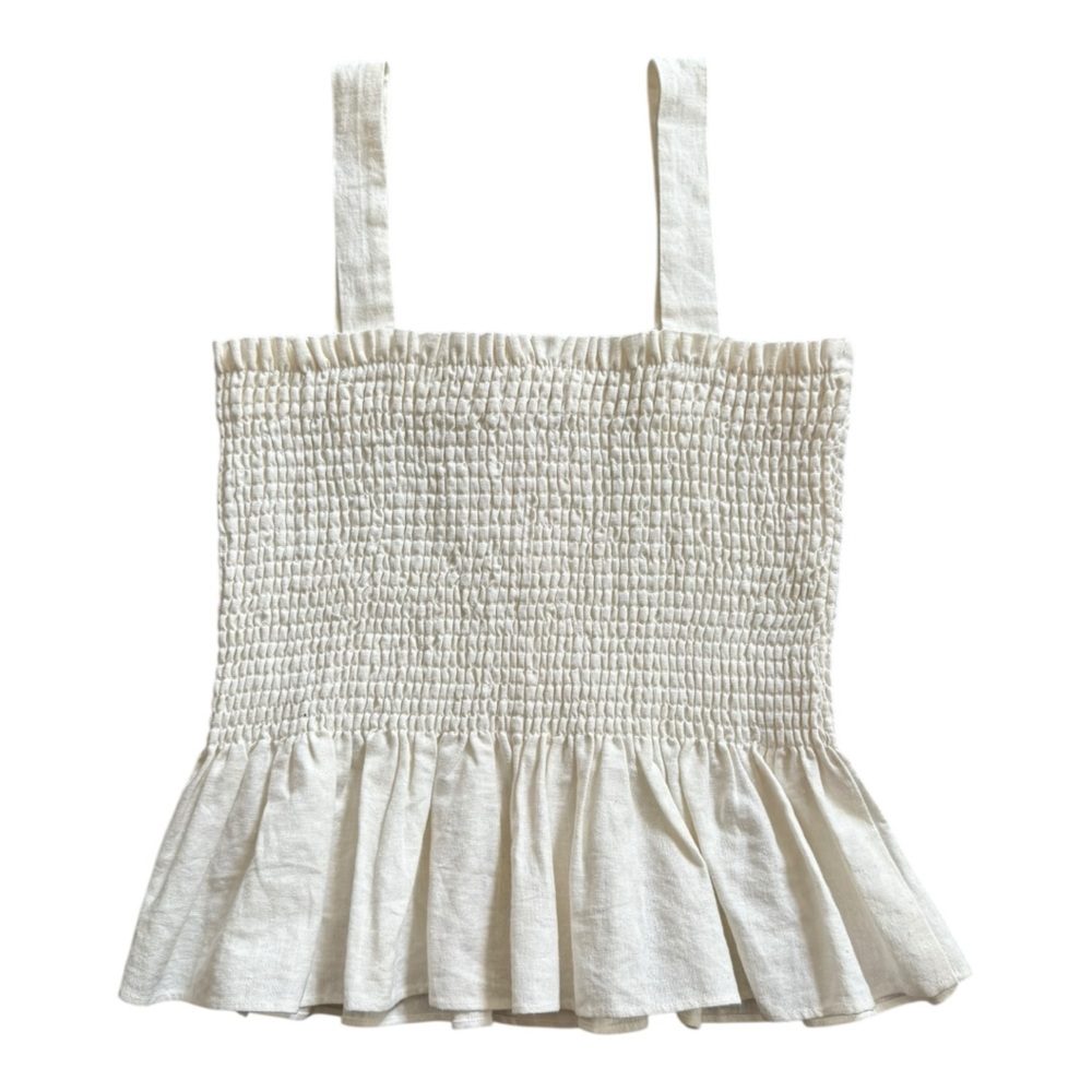 Socialite Cream Linen Peplum Button-Down Smocked Sleeveless Tank Top Size Medium - Picture 10 of 14